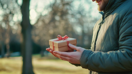 A man presenting a Valentine's Day proposal in a park, with a beautifully wrapped box containing an engagement ring.の素材