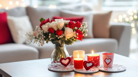 A coffee table decorated for Valentine's Day with a small bouquet of flowers, candles, and themed coasters.の素材