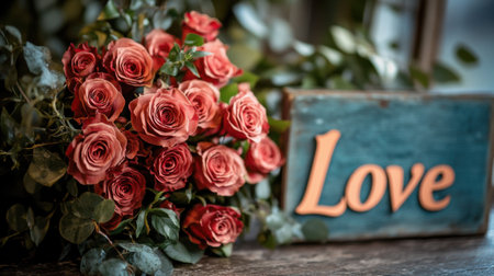 A close-up of a romantic rose bouquet with lush red roses and delicate greenery, placed on a rustic table next to a Love sign.の素材