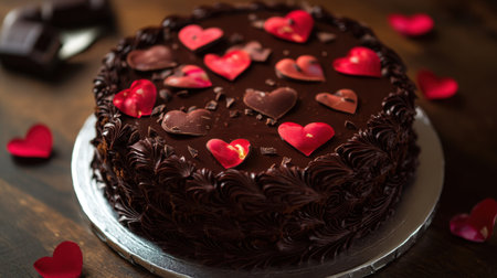 A Valentine's Day chocolate cake decorated with delicate rose petals, heart-shaped chocolate pieces, and icing.の素材