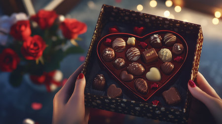 A festive Valentine chocolate delivery, with chocolates in a heart-shaped box being opened by a happy recipient, with roses in the background.の素材