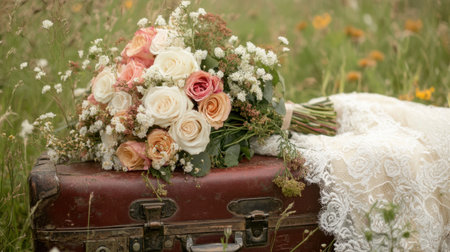 A boho bridal bouquet with roses and wildflowers, resting on a vintage suitcase in a field setting.の素材