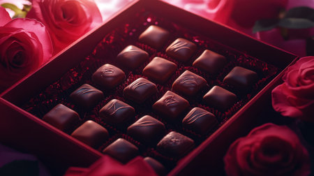 A close-up of a beautifully packaged Valentine chocolate set in a red gift box, surrounded by fresh roses and soft lighting.の素材