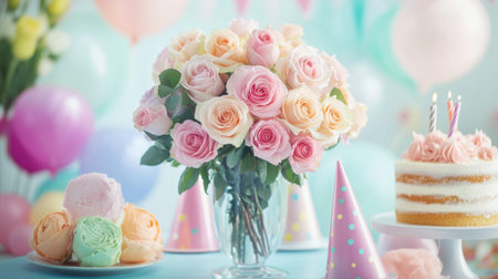 A birthday rose bouquet in soft pastel shades, displayed in a glass vase on a table set with party hats and a cake.の素材