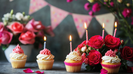 A cheerful arrangement of roses in bold colors, displayed next to cupcakes with candles and a celebratory banner.の素材