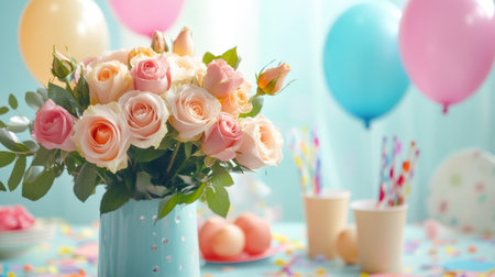 A cheerful birthday rose bouquet with pastel blooms, placed on a party table decorated with balloons and confetti.の素材