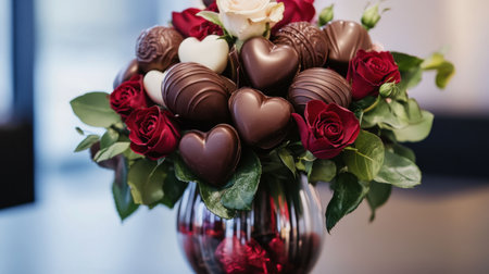 A close-up of a Valentine chocolate bouquet with heart-shaped chocolates and a mix of real red roses, elegantly arranged in a glass vase.の素材