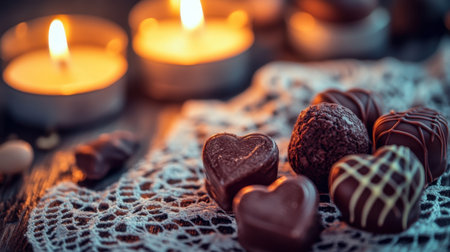 A close-up shot of rich dark chocolate truffles in heart shapes, resting on a lace tablecloth with romantic candlelight.の素材