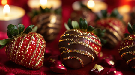 A luxurious close-up of Valentine chocolate strawberries drizzled with golden edible glitter, set against a background of red velvet and candles.の素材