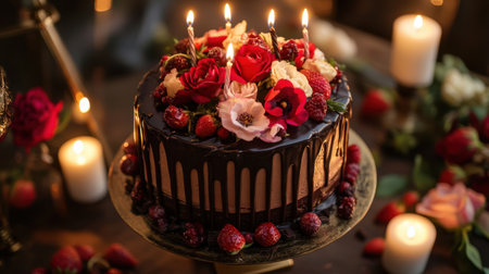 A luxurious Valentine chocolate cake adorned with edible flowers, dark chocolate drizzles, and fresh strawberries, surrounded by candles.の素材