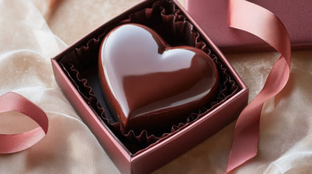 A luxurious heart-shaped Valentine chocolate, elegantly presented in a gift box with a ribbon and a love note.の素材