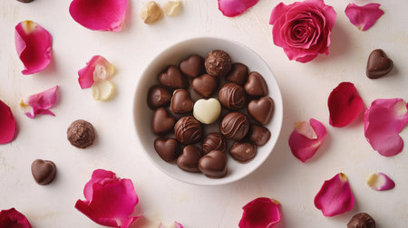 A romantic flat lay of a Valentine chocolate bouquet with truffles, heart-shaped chocolates, and rose petals arranged on a white table.の素材