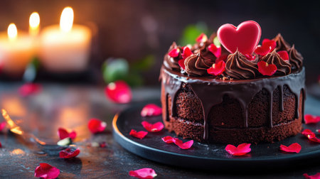 A rich and decadent Valentine chocolate cake topped with heart-shaped decorations and rose petals, set against a romantic candlelit background.の素材