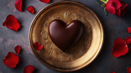 A luxurious Valentine chocolate heart in dark chocolate, placed on a gold-trimmed plate with scattered red rose petals.の素材