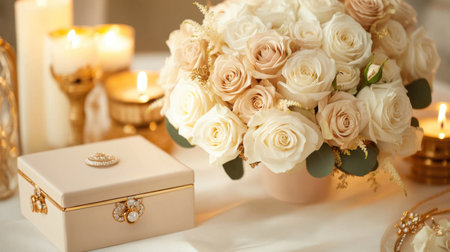 A luxurious anniversary setting with a bouquet of roses in white and gold, candles, and an elegant jewelry box.の素材