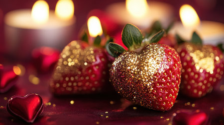 A luxurious close-up of Valentine chocolate strawberries drizzled with golden edible glitter, set against a background of red velvet and candles.の素材