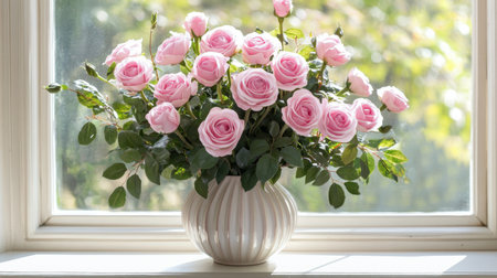 A pink rose bouquet displayed in an elegant ceramic vase, placed on a windowsill with natural light streaming in.の素材