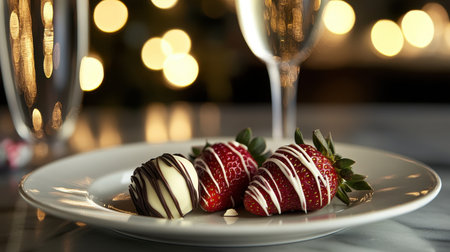 A plate of Valentine chocolate strawberries with artistic white and dark chocolate swirls, placed beside a glass of champagne and soft lighting.の素材