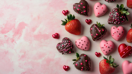A romantic flat lay of Valentine chocolate strawberries with elegant pink and red decorations, set against a soft-focus background.の素材