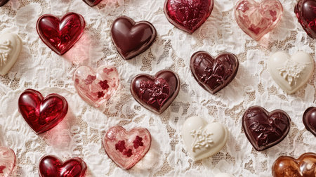 A romantic flat lay of multiple heart-shaped Valentine chocolates, arranged on a delicate lace tablecloth.の素材