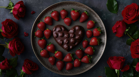 A top-down shot of Valentine chocolate strawberries arranged in a heart shape on a plate, surrounded by fresh red roses.の素材