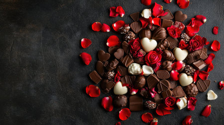 A Valentine chocolate bouquet with a mix of chocolates in various shapes, surrounded by red and white rose petals on a dark surface.の素材