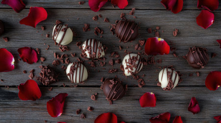 A top-down view of Valentine chocolate strawberries, half-dipped in white and dark chocolate, placed on a wooden table with rose petals.の素材