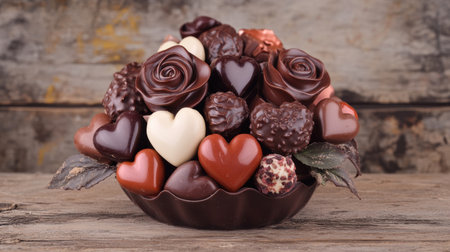 A Valentine chocolate bouquet arranged with chocolate roses and a variety of heart-shaped candies, set on a rustic wooden surface.の素材