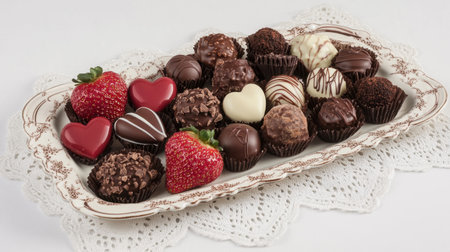 A Valentine chocolate set with chocolate-dipped strawberries, truffles, and heart-shaped chocolates, displayed on a delicate lace tablecloth.の素材