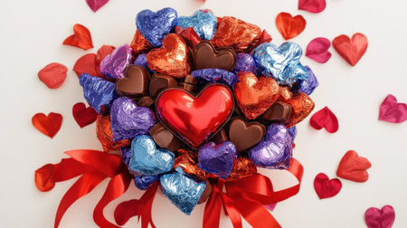A Valentine chocolate bouquet with gourmet chocolate pieces and colorful foil-wrapped hearts, tied with a red satin ribbon and surrounded by petals.の素材