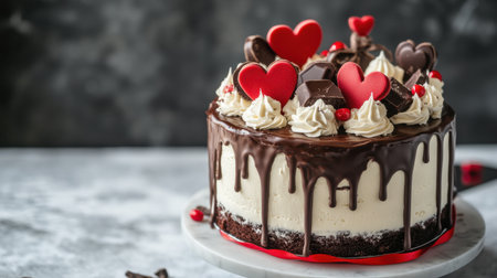 A Valentine chocolate cake with multiple layers, decorated with whipped cream, chocolate ganache, and a romantic red ribbon.の素材