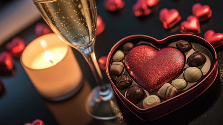 A Valentine chocolate box in a decorative heart-shaped tin, placed beside a glass of champagne and a flickering candle.の素材