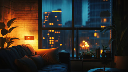 A city apartment at night with a softly illuminated window frame, creating a cozy urban ambiance.の素材