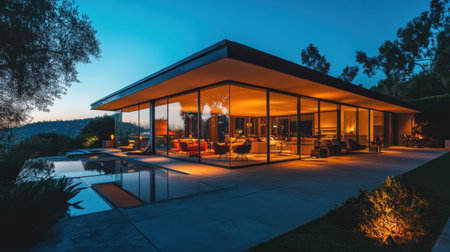 A contemporary glass house with an open floor plan, modern furniture, and soft ambient lighting at dusk.の素材