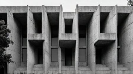 A brutalist building with rectangular concrete-framed windows, creating a rhythmic pattern.の素材
