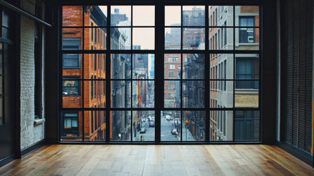 A contemporary loft with industrial-style black-framed windows, revealing a bustling urban street below.の素材
