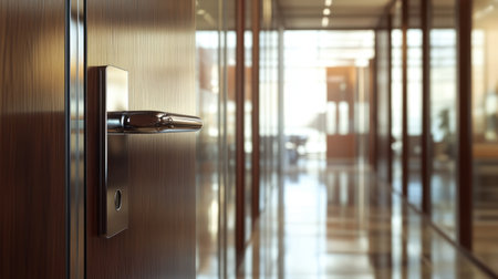 A corporate office with a sleek, dark wood closed door and a metallic handle.の素材