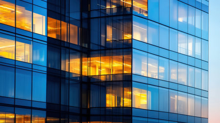 A contemporary office building with a modern glass window exterior, reflecting the city lights at dusk.の素材