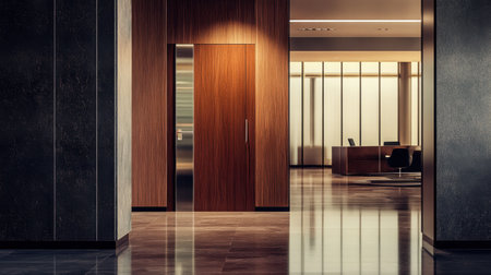 A corporate office with a sleek, dark wood closed door and a metallic handle.の素材