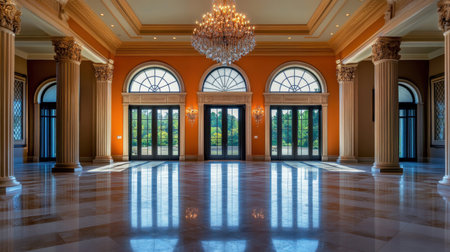 A glamorous mansion entrance with grand double doors, marble flooring, and crystal chandeliers.の素材