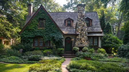 A European-style cottage with ivy-covered walls, a stone chimney, and a cozy front yard.の素材