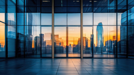A futuristic office building with automatic glass doors, reflecting city skyscrapers.の素材