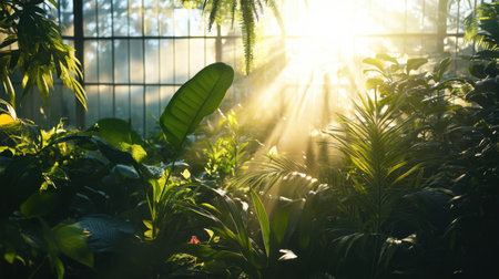 A glass greenhouse with sunlight pouring through, illuminating lush green plants.の素材