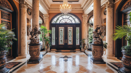 A glamorous mansion entrance with grand double doors, marble flooring, and crystal chandeliers.の素材