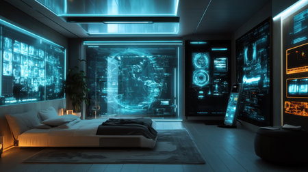 A futuristic smart home featuring holographic displays, AI-powered personal assistants, and gesture-controlled devices.の素材