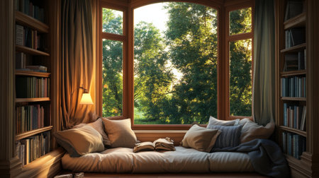 A cozy reading nook by a large bay window frame, adorned with soft pillows and warm lighting.の素材