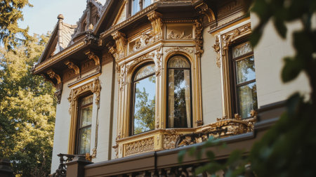 A historic mansion with an ornate gold-trimmed window frame, exuding timeless elegance.の素材