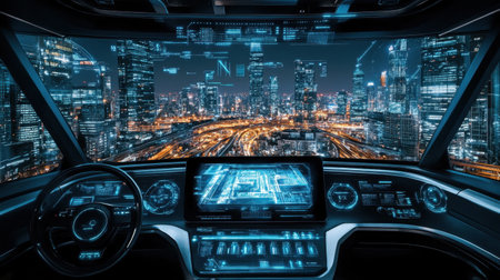 A high-tech smart window with touch controls, adjusting tint while displaying a futuristic cityscape.の素材