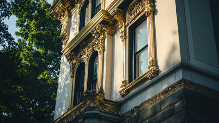 A historic mansion with an ornate gold-trimmed window frame, exuding timeless elegance.の素材