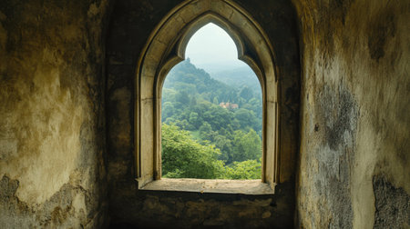 A historic castles narrow Gothic-style window, offering a glimpse of the lush landscape outside.の素材
